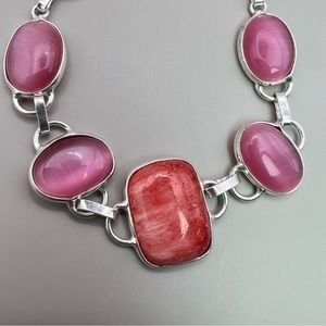 New Pink Cats Eye and Scolecite Stone Silver Overlay Earrings 5.75, 6.25, 6.75